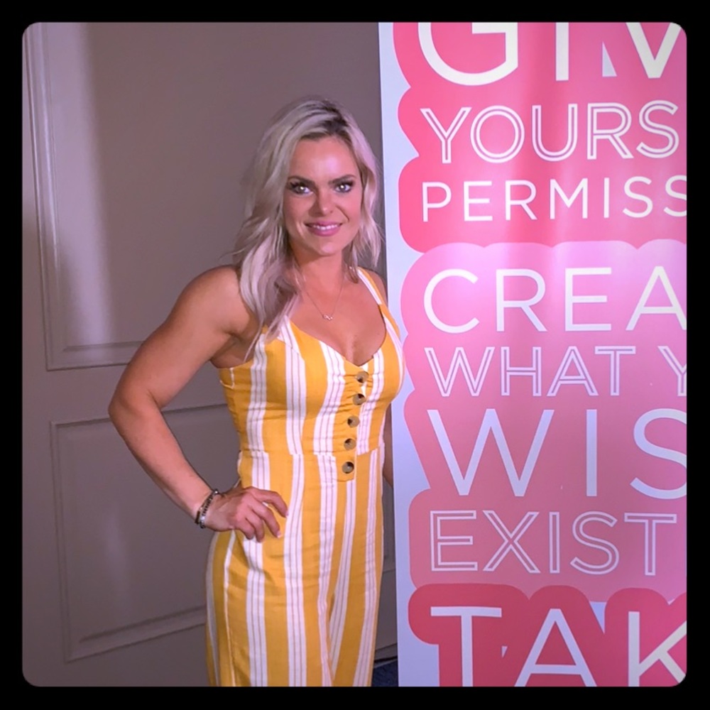 Yellow pin-striped pant romper w/open back detail